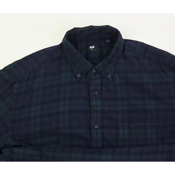 Uniqlo Size Medium Green Navy Plaid Flannel Men's Button Down Long Sleeve Shirt - Picture 9 of 9